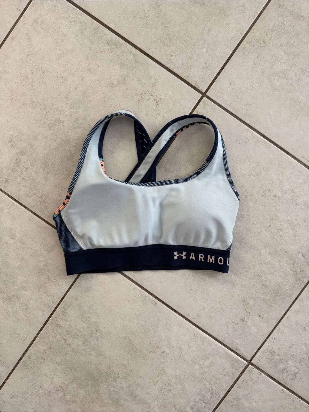 Under Armour Light Blue and Navy Crossback Sports Bra with Pink Accent